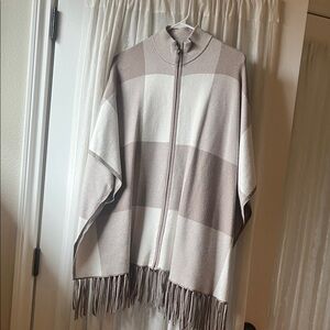 Beige and Cream Plaid Poncho with Fringe